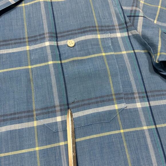 Vintage 80s Plaid Shirt Button Up Short Sleeve Lightweight Polyblend Blue Medium - Picture 3 of 7